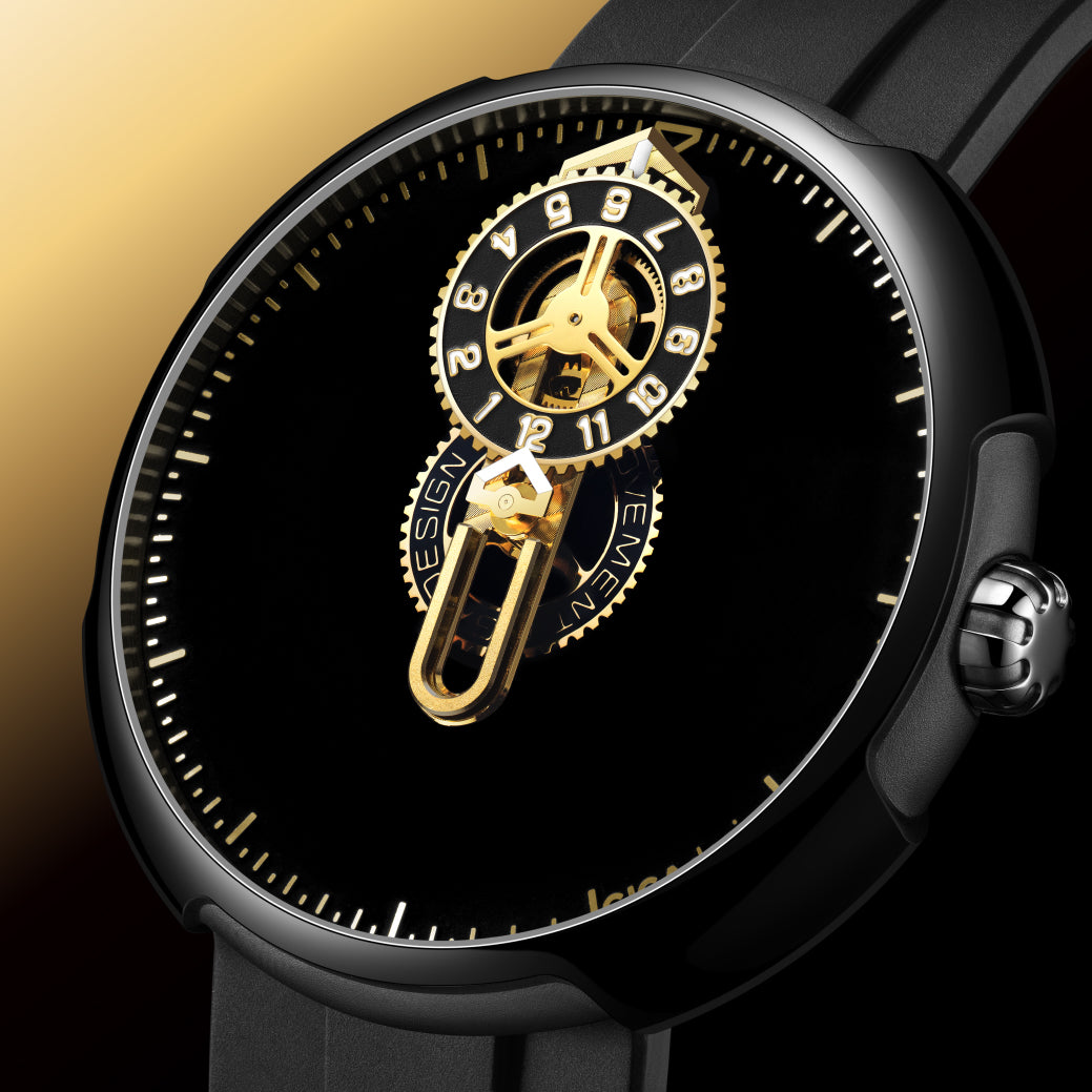 Time Cipher Gold. The gold-toned wandering-hour assembly above the Time Cipher’s black dial.